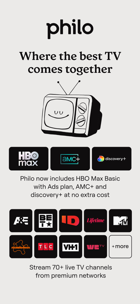 Philo app interface showing included premium networks like HBO Max, AMC plus, and Discovery plus alongside channel logos for Nickelodeon, MTV, and TLC.