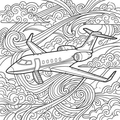 Embark on a high-flying artistic journey with this captivating private jet coloring page. Featuring a sleek aircraft and a dynamic background of stylized clouds, it's perfect for aviation enthusiasts and coloring fans alike.