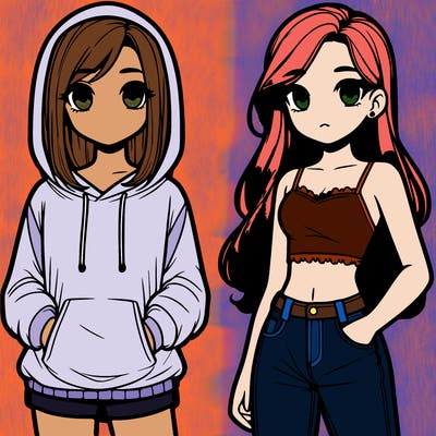 two teenager girls one wearing a hoodie and shorts and the other way and crop top and jeans