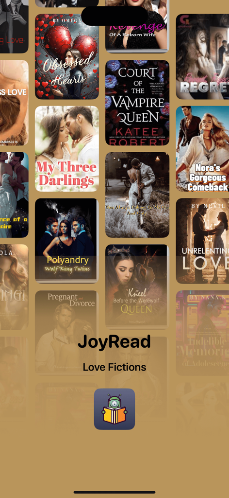 A grid of romance and fantasy book covers on the JoyRead app splash screen