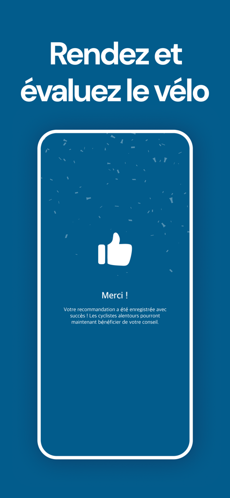 Mobile app screen for the La Baule bike sharing service showing a thumbs up icon and a thank you message after rating a bike return.