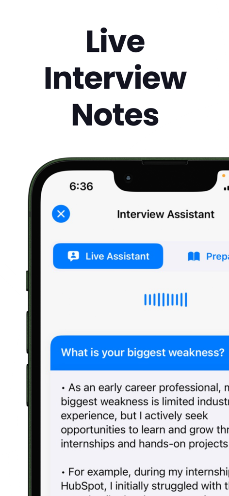 Interfaz de la aplicación móvil Hired AI mostrando la función de Asistente de Entrevista en Vivo con respuestas de ejemplo para entrevistas