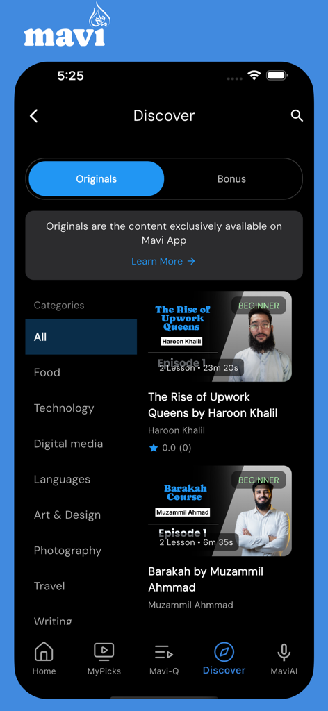 Mavi App - Mavi app Discover screen featuring various educational video courses for women.