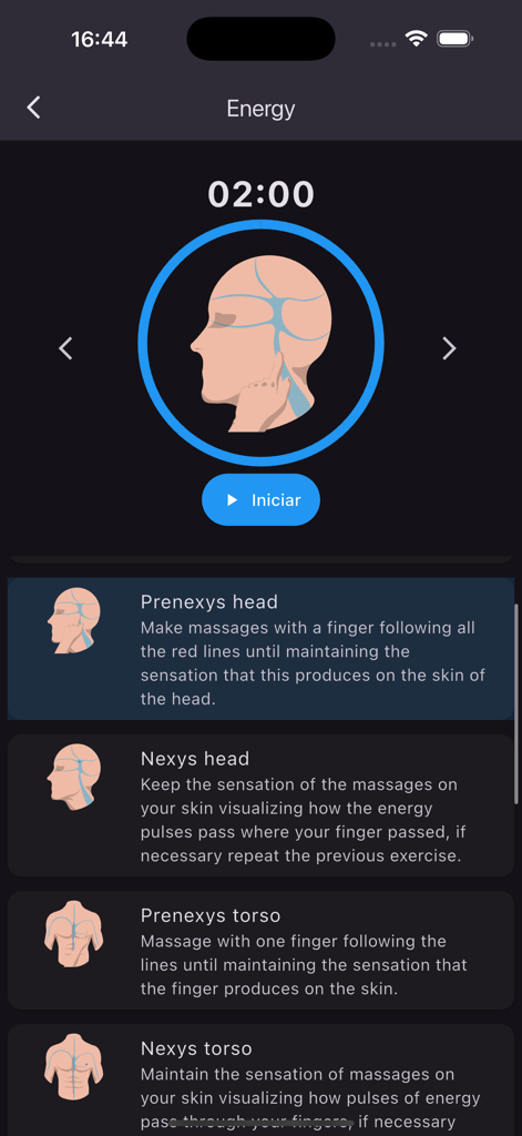 Energy training session screen in Kinexys app featuring a timer and body energy diagrams