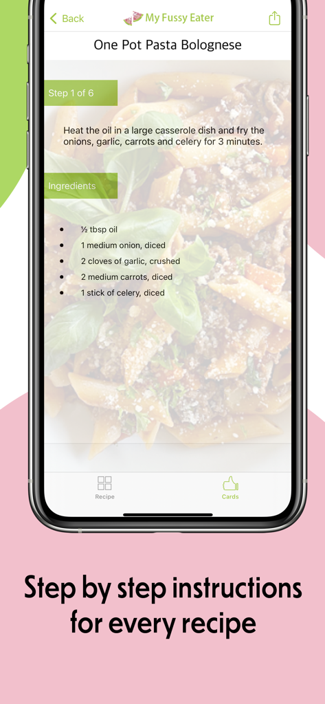 My Fussy Eater 앱에 원팟 파스타 레시피에 대한 단계별 지침 표시