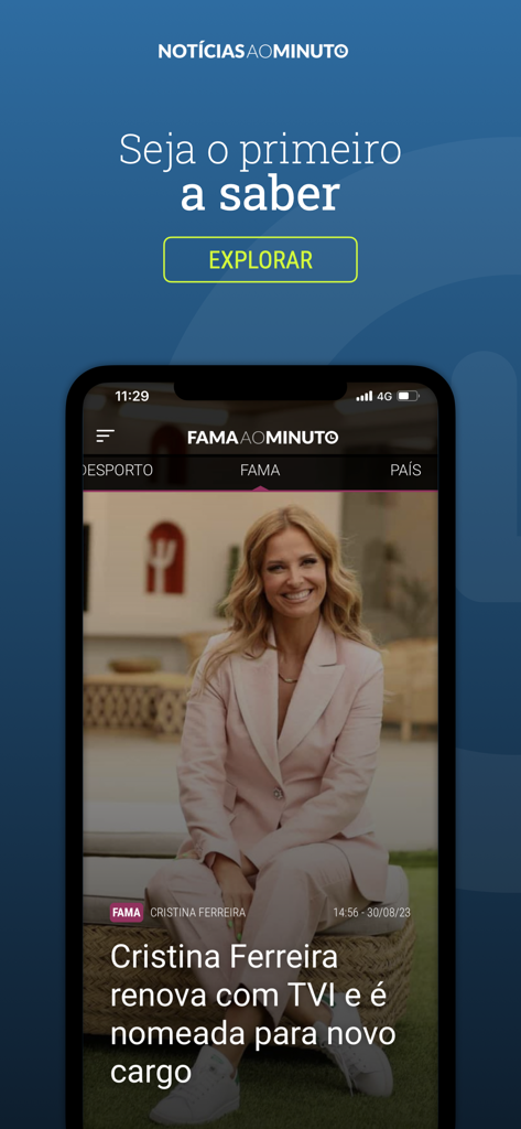 Captura de ecrã da app Notícias ao Minuto Portugal exibindo notícias de celebridades sobre Cristina Ferreira