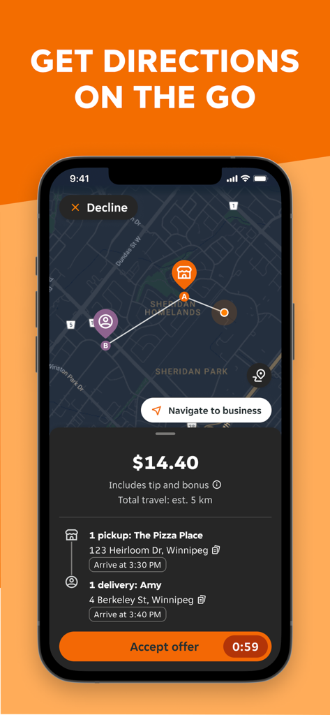Skip Courier app interface showing a delivery offer with map directions, pickup address, and estimated earnings.
