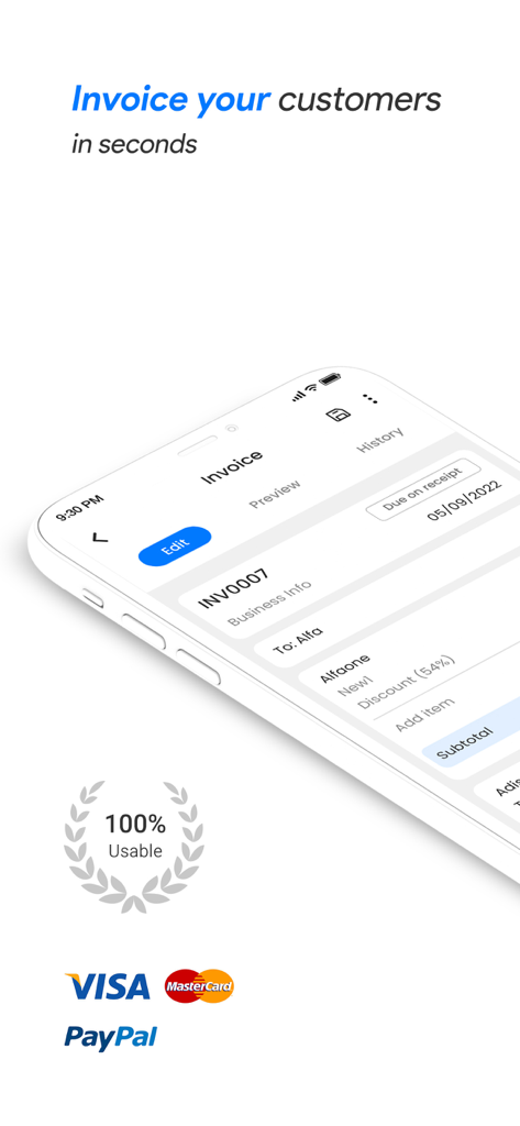VisaやPayPalなどの統合された支払いオプションを備えた、プロフェッショナルな請求書編集画面を示す携帯電話