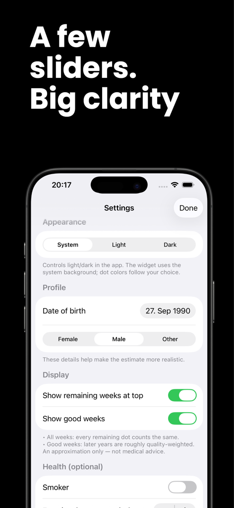 Mori Weeks - Settings interface of Mori Weeks app showing profile and appearance options