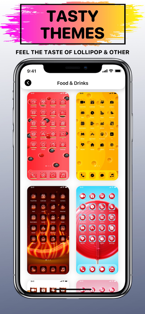 X Icon Changer: Icons & Themes - Interfaz de la aplicación X Icon Changer mostrando varios iconos y fondos de pantalla con temas de comida y bebida