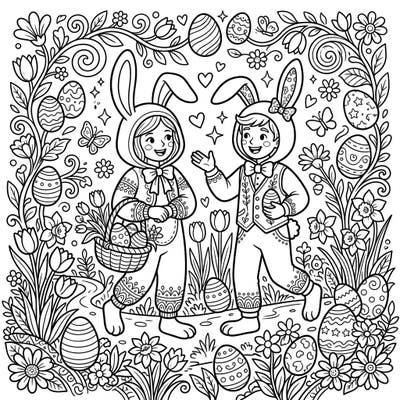 Step into a whimsical Easter wonderland with this enchanting coloring page, showcasing two delightful children in their charming Easter Bunny costumes. Surrounded by vibrant spring flowers and decorative eggs, it's a perfect scene to bring to life with your favorite colors.