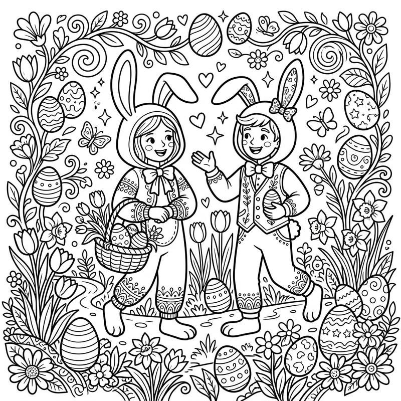 Step into a whimsical Easter wonderland with this enchanting coloring page, showcasing two delightful children in their charming Easter Bunny costumes. Surrounded by vibrant spring flowers and decorative eggs, it's a perfect scene to bring to life with your favorite colors.