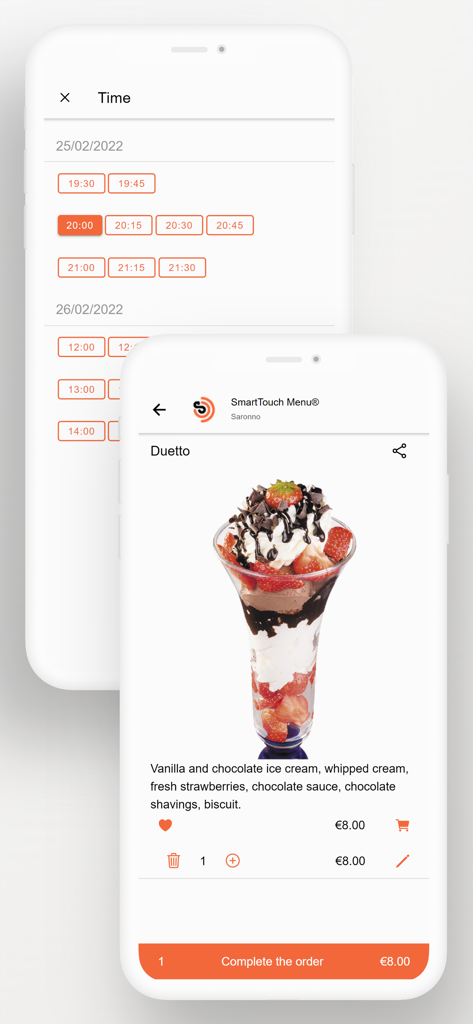 SmartTouch Menu app interface showing time reservation slots and a detailed visual dessert ordering screen