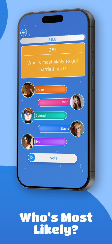 Most Likely To - Party App - Interfaz de la aplicación Most Likely To party mostrando amigos votando sobre una pregunta social.
