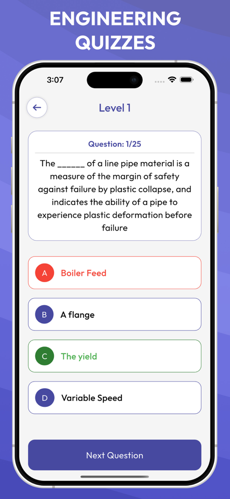Basic Engineering Dictionary - A mobile app screen displaying an engineering quiz with multiple choice answers.