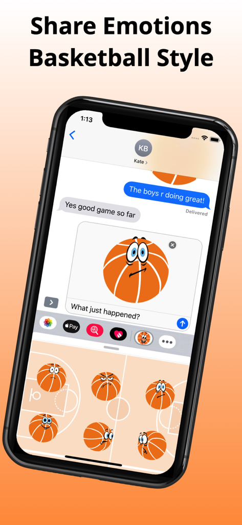 Écran d'iPhone affichant de grands autocollants de basketball dans une conversation de chat iMessage