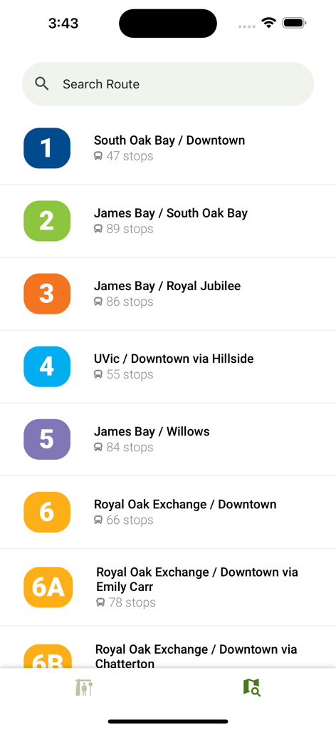 Victoria Transit (BC) - Victoria Transit app interface showing a list of bus routes including destinations like UVic and Downtown