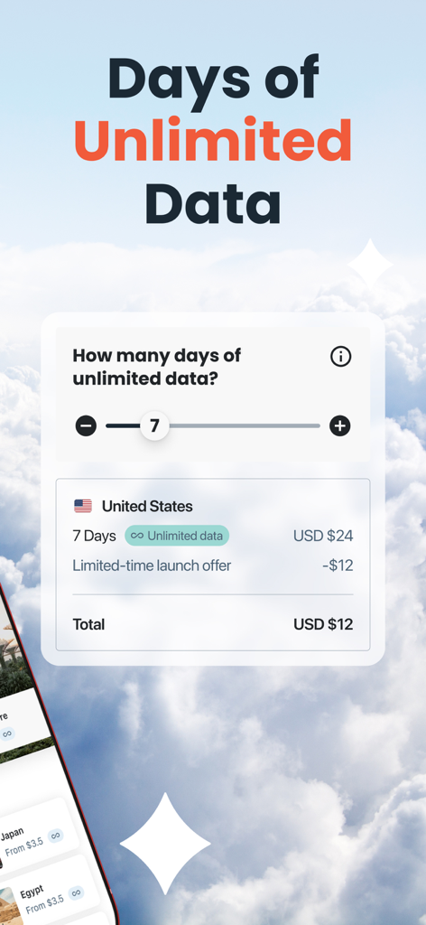 Interfaz de la aplicación holiday.com mostrando un control deslizante para seleccionar días de datos ilimitados y el precio total para un plan de EE. UU.