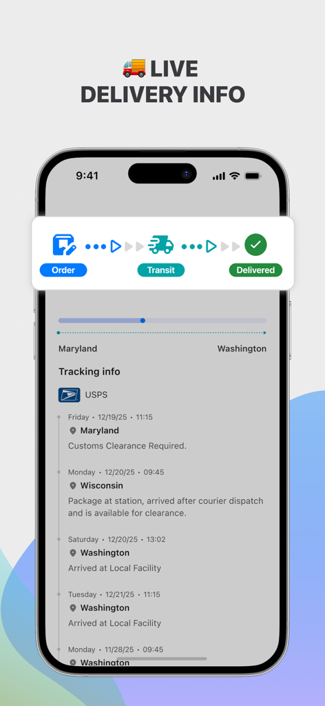 Universal Tracking app interface showing a live delivery progress bar and detailed USPS shipment history timeline