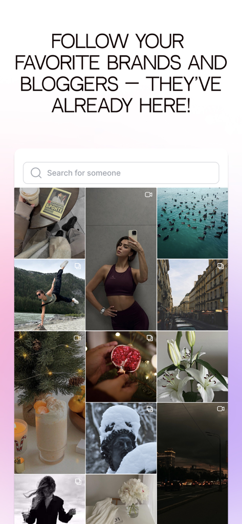 LOOKY social network interface showing a feed of lifestyle photos and a search bar to find bloggers and brands.