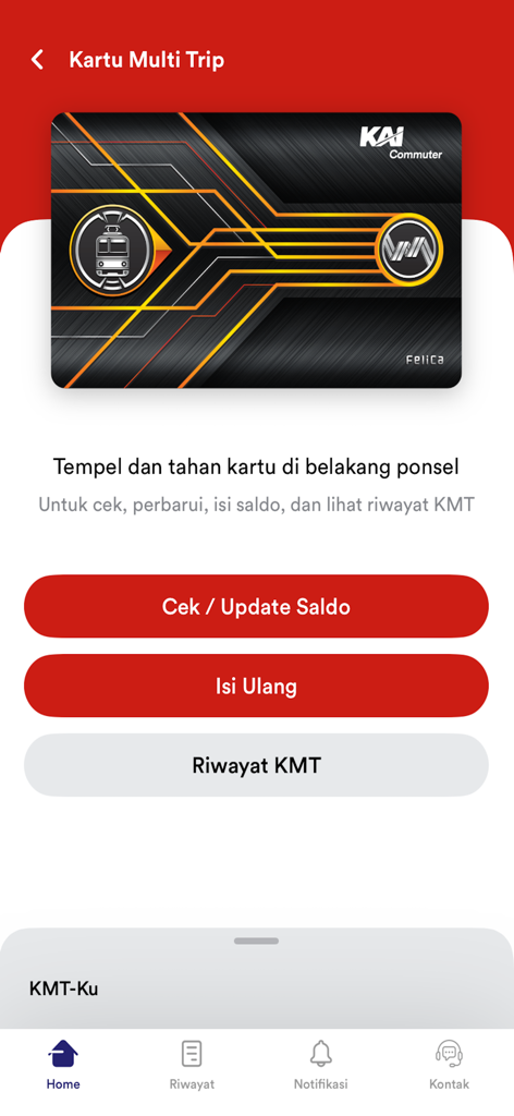 C-Access mobile app screen for managing KMT transit card balance and history