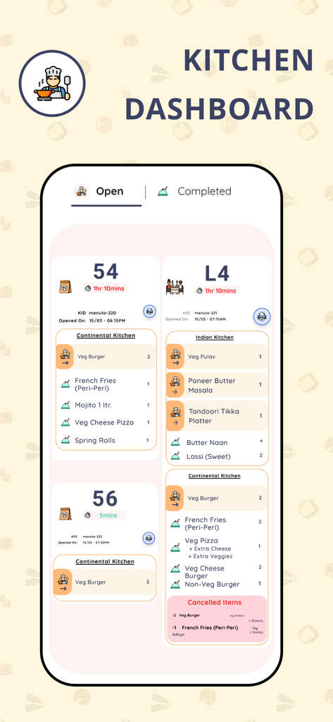Mobile kitchen dashboard interface showing active restaurant orders and preparation times