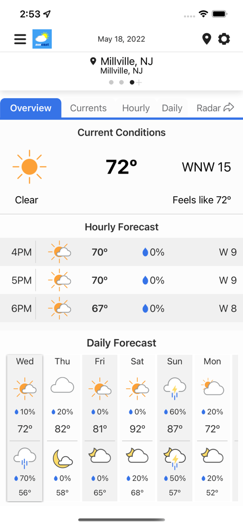 NorCast Weather app interface showing current conditions and forecasts for Millville New Jersey