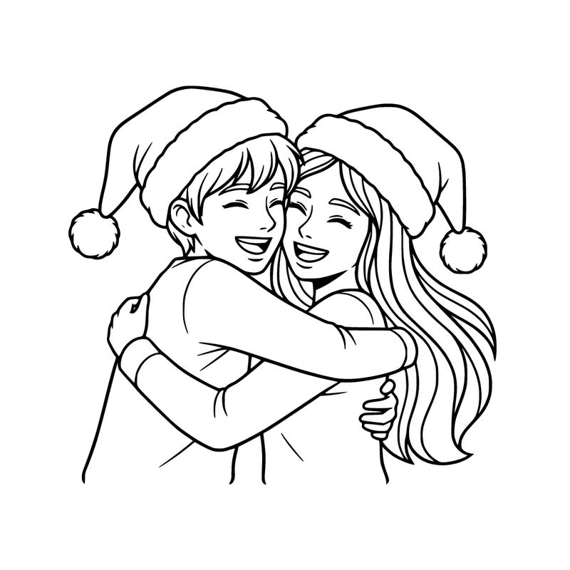 2 friends, one with short hair and the other with long hair, hugging each other with a christmas hat