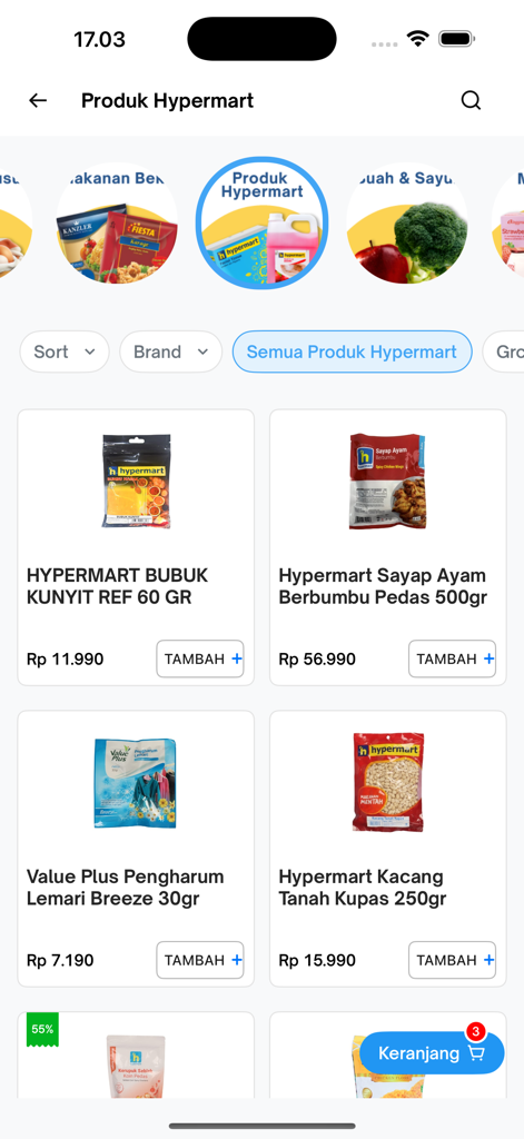 Hypermart mobile app screen showing a variety of grocery products with prices and add to cart buttons