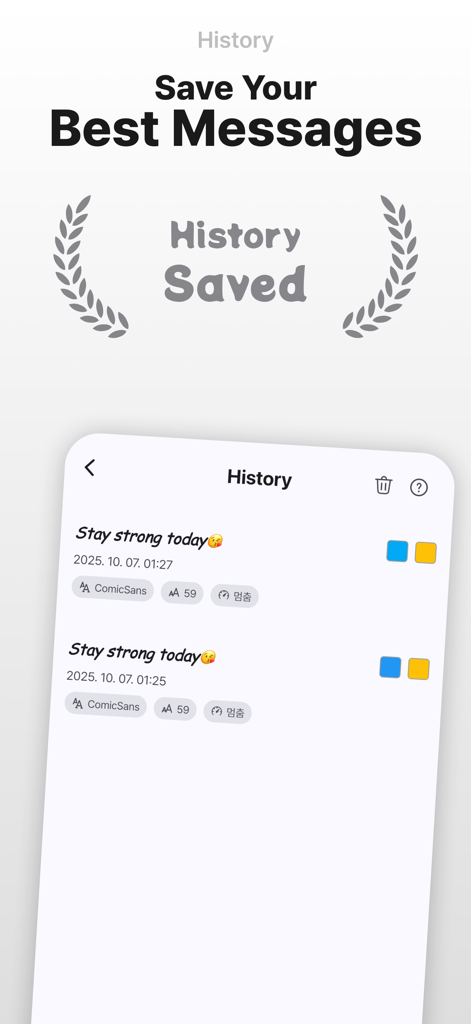 Fave LED: Banner & Scroller - Der Verlaufsbildschirm der Fave LED-App, der gespeicherte Banner-Nachrichten mit Details zur Schrift- und Farbformatierung anzeigt.