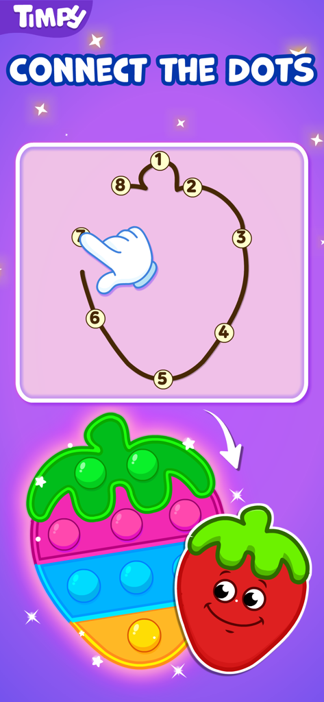 Pop It Games For 2 Year Olds - Actividad educativa de conectar los puntos para niños pequeños que forma una fresa con un juguete pop-it colorido