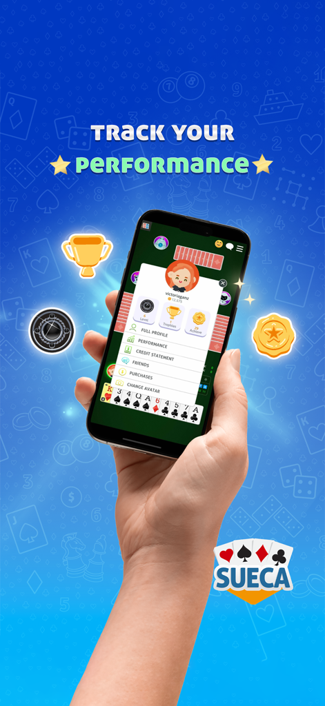 Smartphone screen displaying user performance and statistics for the Sueca card game