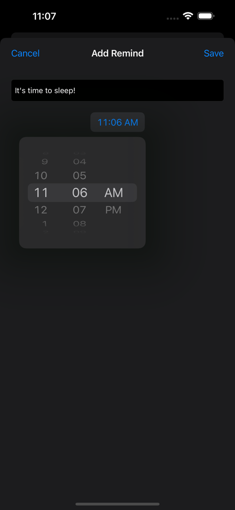 BedTime Sleep Fan Sounds - A screenshot of the BedTime Sleep Fan Sounds app showing the bedtime reminder setting screen with a time picker.