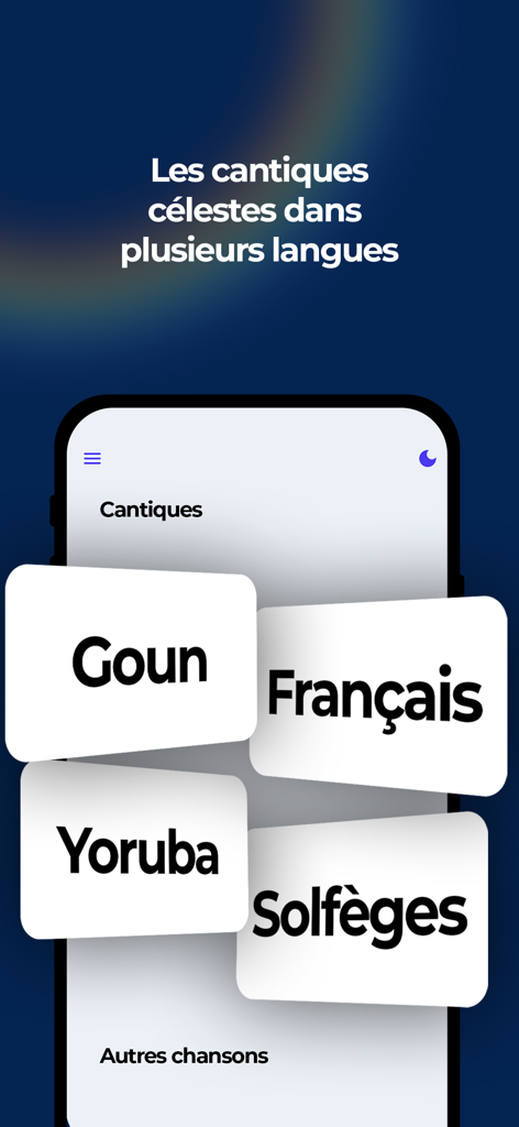 Guide ECC - Écran de l'application Guide ECC affichant les catégories de cantiques en Goun, Français, Yoruba et Solfège