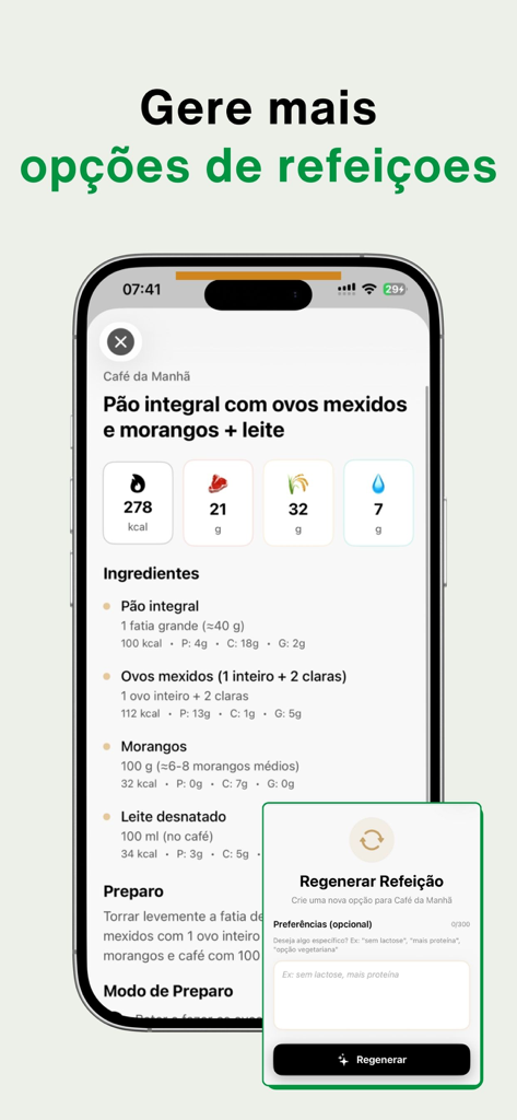 Dieta Já - Seu Nutri - Dieta Ja 앱 인터페이스, 영양 정보가 포함된 건강한 아침 식사 레시피와 식사 재생성 팝업 표시