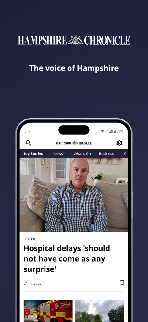 Hampshire Chronicle - Interfaz de la aplicación móvil Hampshire Chronicle mostrando titulares de noticias locales y las principales historias en la pantalla de un smartphone