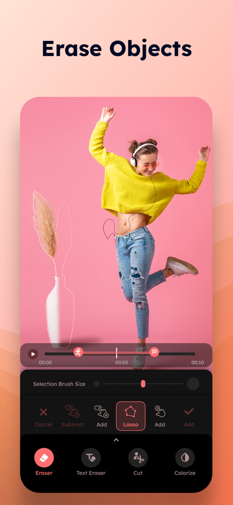 Interfaz de la aplicación CutVibe que demuestra la función de borrador de objetos con IA para eliminar elementos no deseados de un clip de video