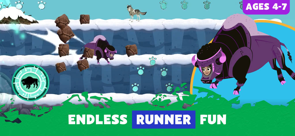 Wild Kratts Rescue Run - Aviva in a bison creature power suit running through a snowy level in the Wild Kratts Rescue Run game