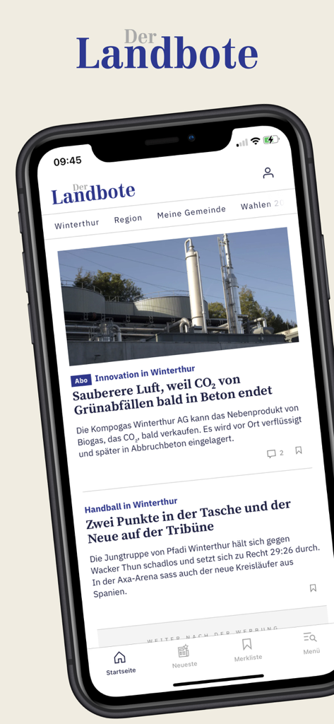 Smartphone displaying the Der Landbote news app interface with local news headlines from Winterthur.