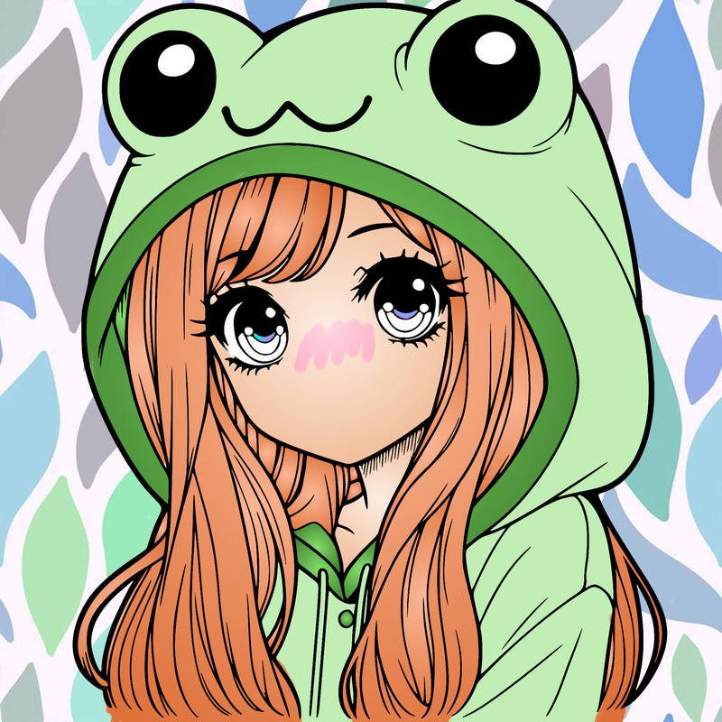 a pretty girl wearing a frog hoodie portrait with long hair