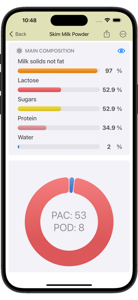 Gelato Maestro Pro: Recipe - Composizione nutrizionale e dati tecnici PAC POD per il latte scremato in polvere nell'app Gelato Maestro Pro