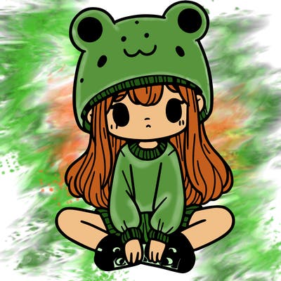a girl wearing a frog hat and some frog socks