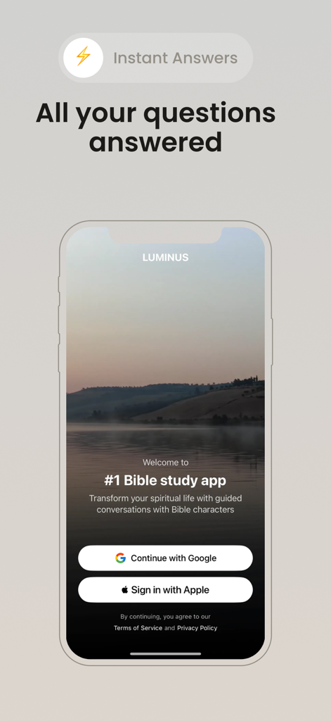 Luminus - Bible Daily Learning - Welcome screen of Luminus Bible study app with Google and Apple sign in buttons