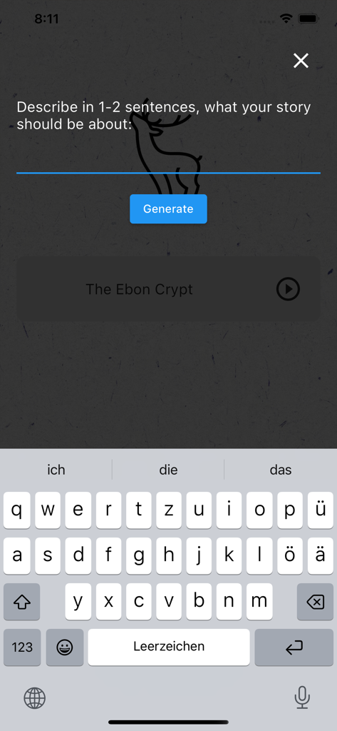 Il prompt di descrizione della storia e il pulsante di generazione nell'interfaccia dell'app Romanzi AI