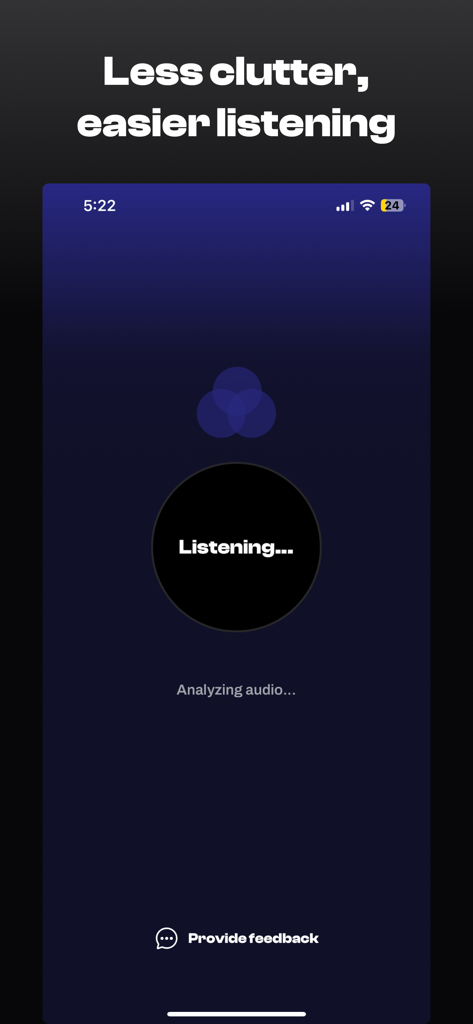Crossfade - Interface minimalista do aplicativo Crossfade em modo escuro mostrando a tela ativa de reconhecimento de áudio com o texto Ouvindo