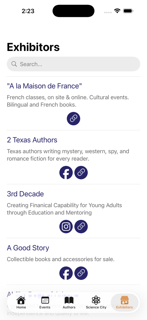 Tucson Festival of Books - Mobile app screen showing a list of exhibitors for the Tucson Festival of Books with a search bar and bottom navigation menu.