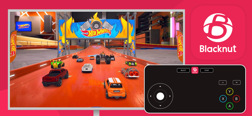 Blacknut Gamepad Companion - Interface do aplicativo Blacknut Gamepad Companion, um controle virtual usado para jogar um jogo de corrida na TV