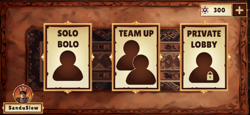 Pantalla del menú principal de Ronda Online Card Game mostrando opciones para Solo Bolo Team Up y Private Lobby