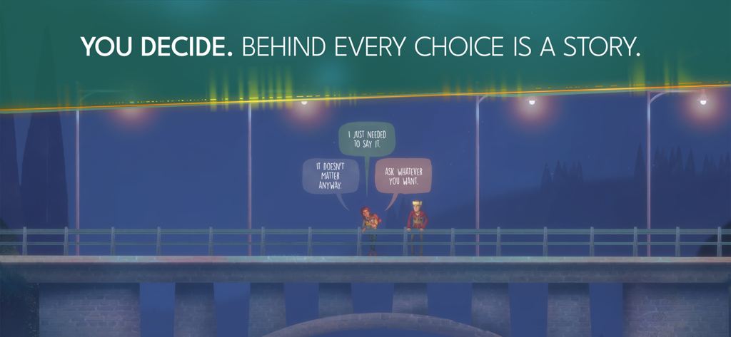OXENFREE II: Lost Signals - A night scene from Oxenfree II showing characters on a bridge with multiple speech bubbles for dialogue choices.