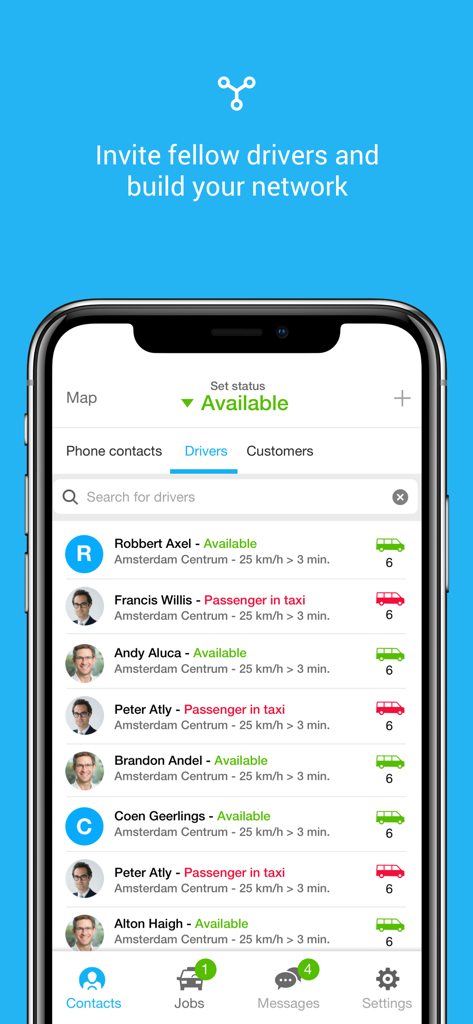 YourDriverApp - Pantalla de la aplicación móvil que muestra una lista de conductores con su estado de disponibilidad actual
